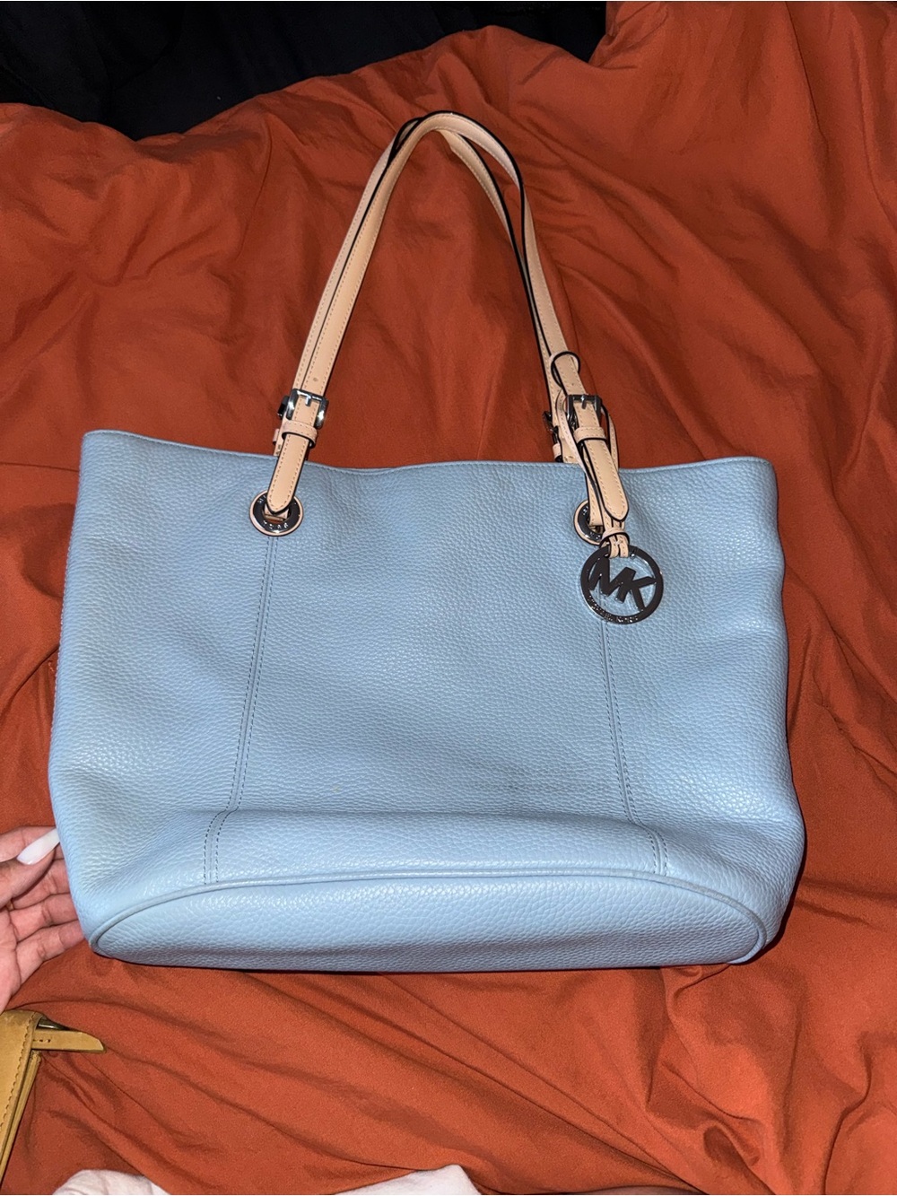 Michael Kors Jet Set Large Pebbled Leather Tote Bag Pale Blue / Silver Hardware